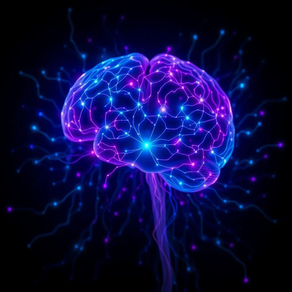 A glowing, digital representation of a brain.